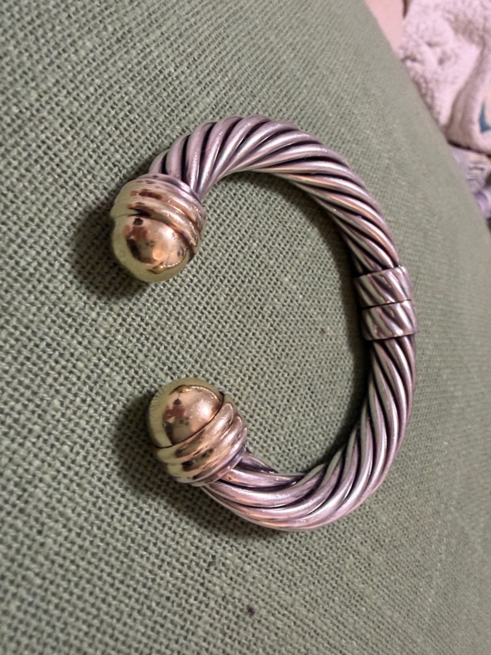 David Yurman Two-Tone Twisted Cable Open Cuff Bracelet - Silver and Gold Accents - Picture 3 of 4